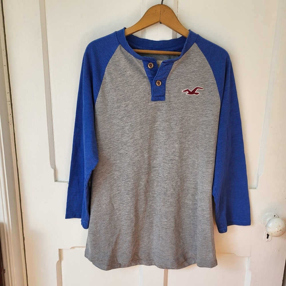 Hollister Y2K Raglan Henley Shirt Blue Grey Long Sleeve Size L - Picture 2 of 9